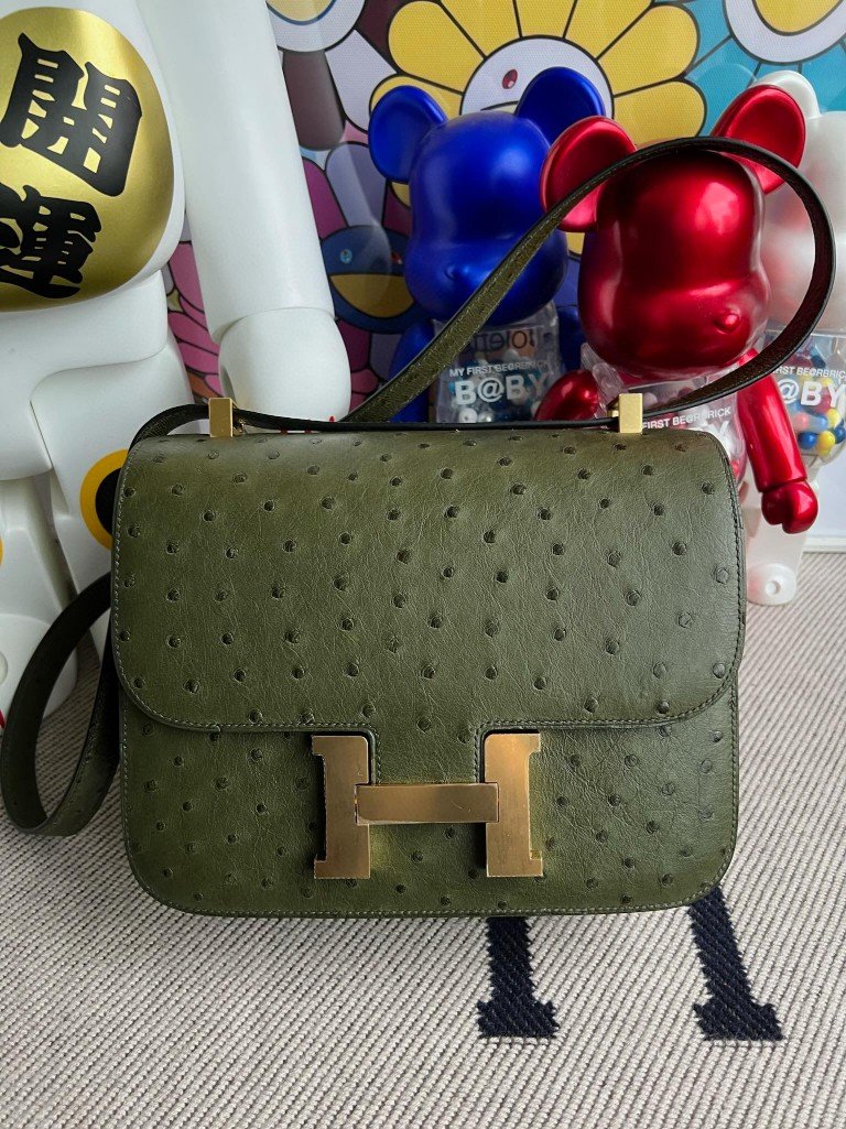 Uncle Bench Hermes Constance Ostrich kk Olive green Gold Hardware 24cm Full Handmade