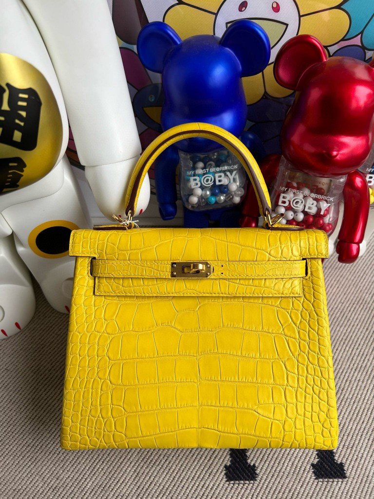 Uncle Bench Hermes kelly Alligator matt M9 Marigold yellow & Green Gold Hardware 25cm Full Handmade