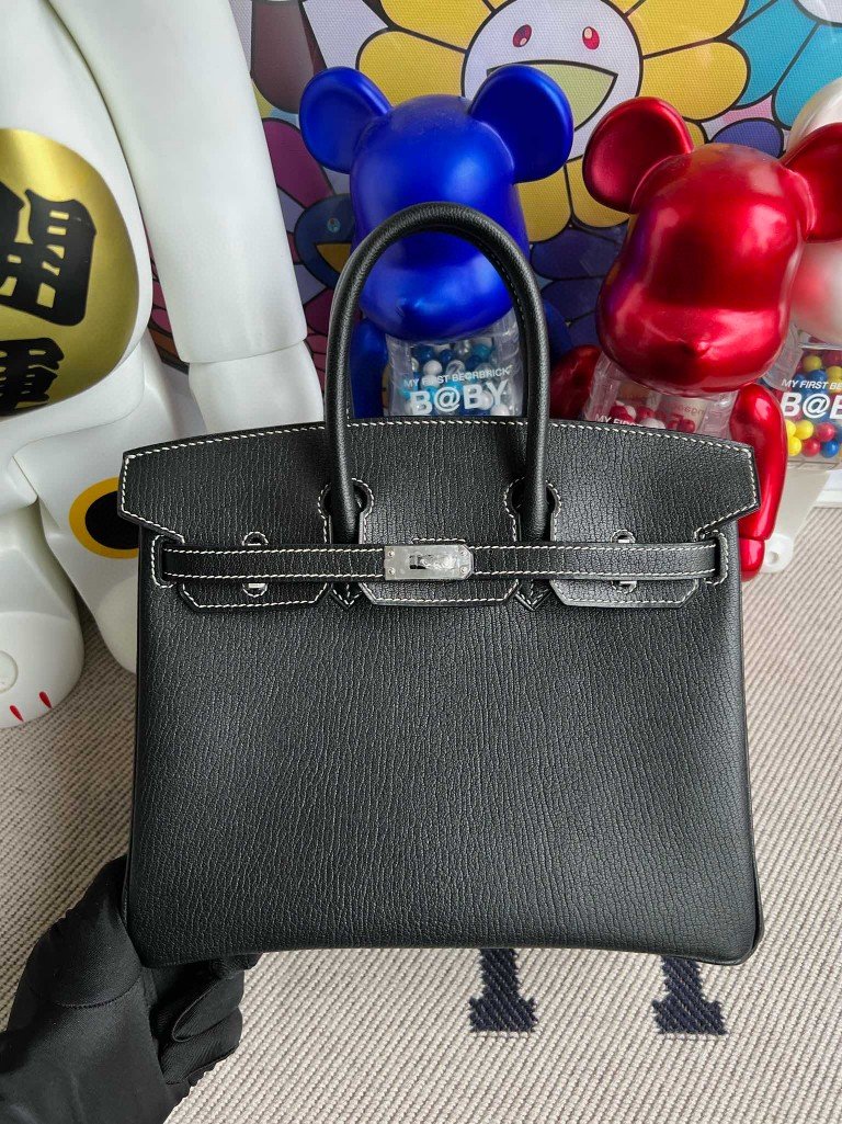 Uncle Bench Hermes Birkin Chevre ck89 Black & Yellow Silver Hardware 25cm Full Handmade