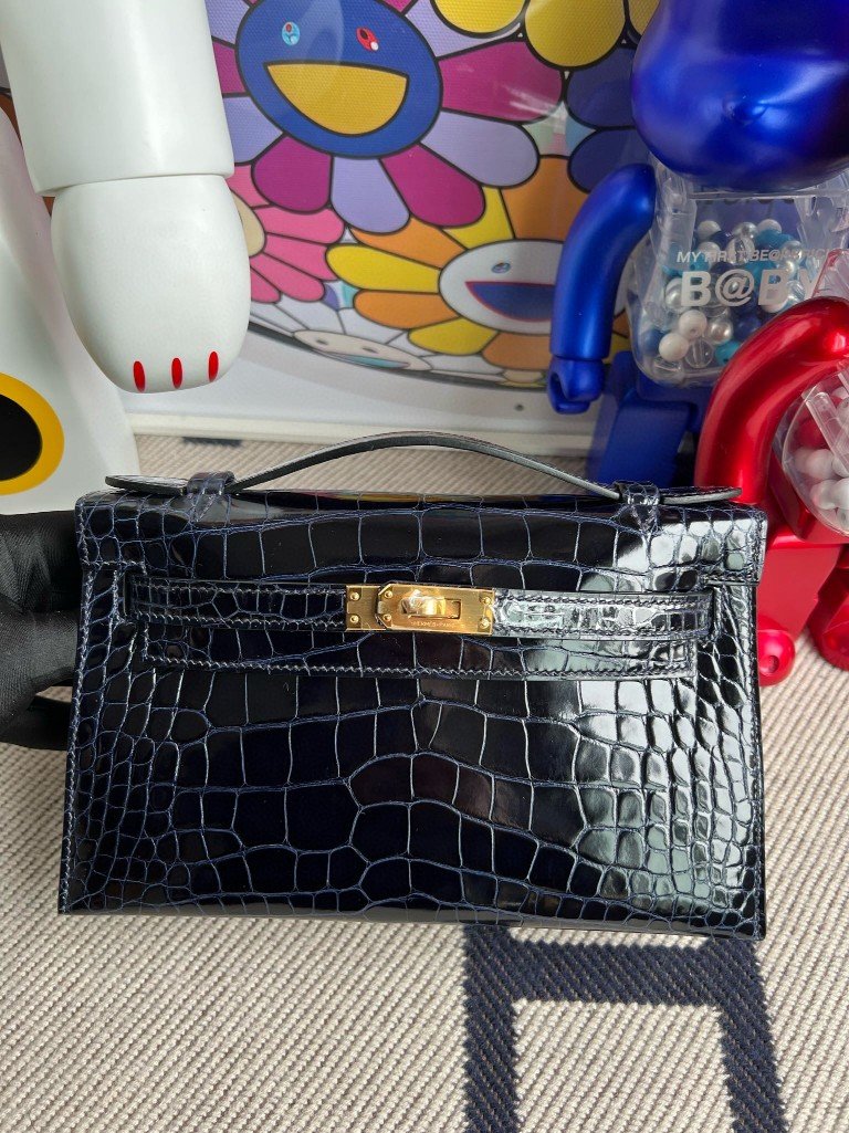 Uncle Bench Hermes Mini pochette Alligator shiny 7K Blue Sapphire Gold Hardware 22cm Full Handmade