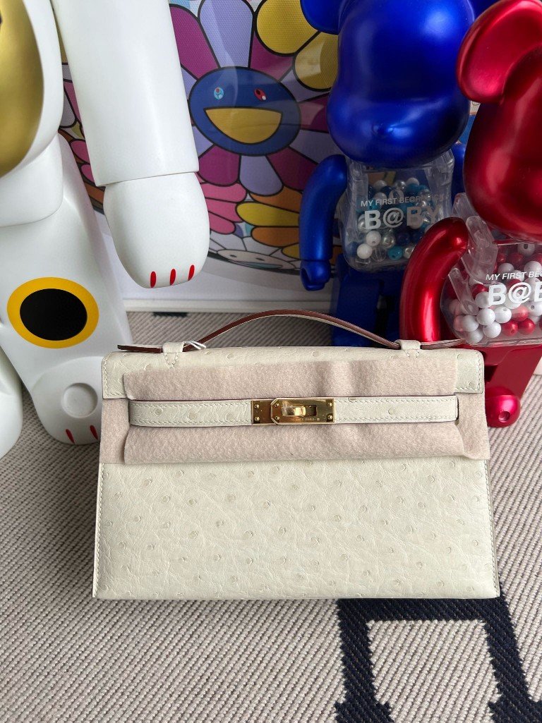 Uncle Bench Hermes Mini pochette Ostrich kk 3C White wool Gold Hardware 22cm Full Handmade