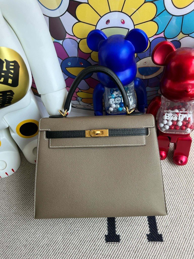 Uncle Bench Hermes Kelly Epsom Etoupe & Black Gold Hardware 25cm Full Handmade