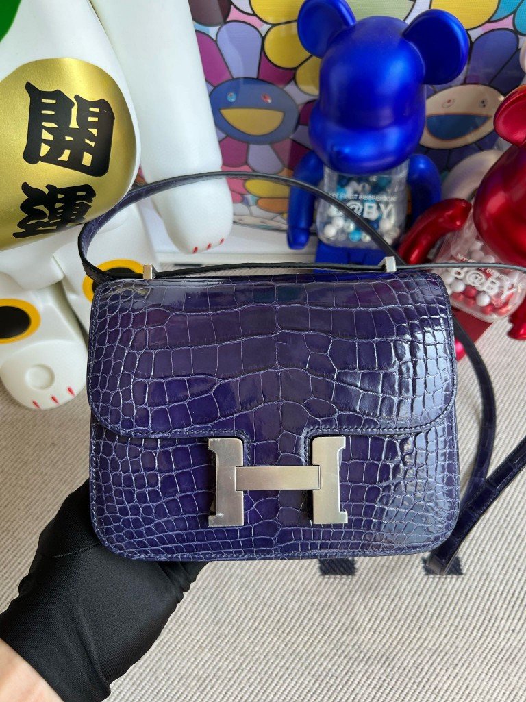 Uncle Bench Hermes Constance Alligator shiny M3 Dark blue Silver Hardware 18cm Full Handmade