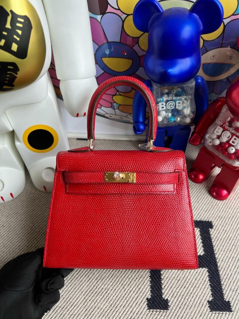 Uncle Bench Hermes Kelly Big ears Lizard Bright red Gold Hardware 20cm Full Handmade