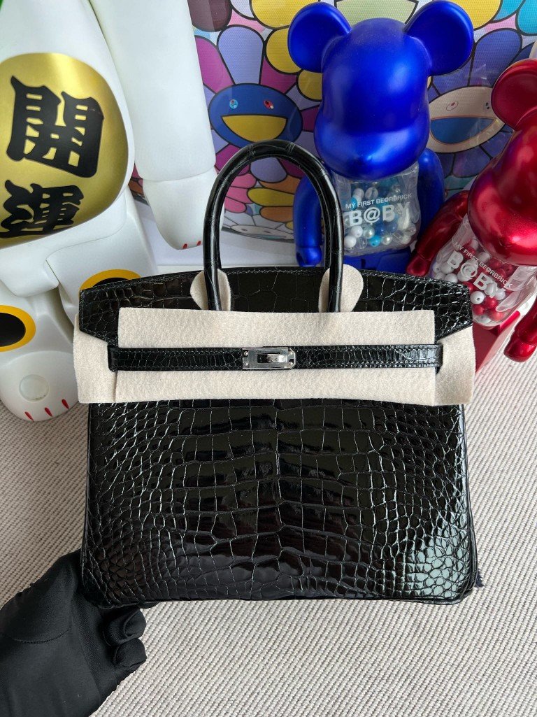 Uncle Bench Hermes Birkin Alligator shiny ck89 Noir Silver Hardware 25cm Full Handmade