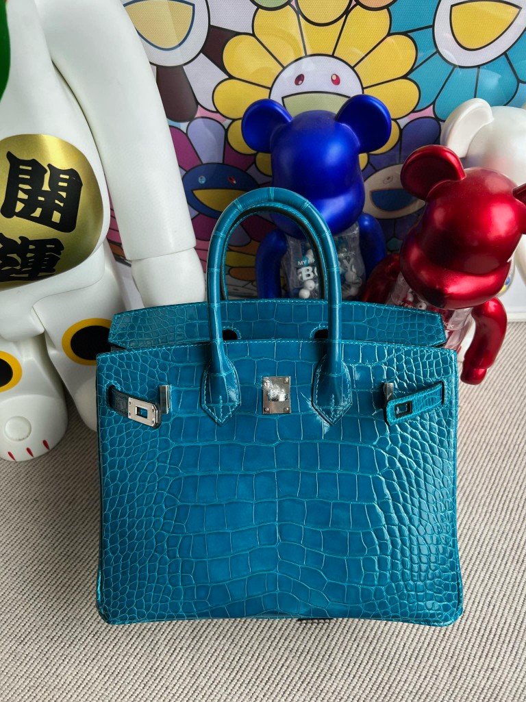 Uncle Bench Hermes Birkin Alligator shiny 7w Blue Lzmir Silver Hardware 25cm Full Handmade