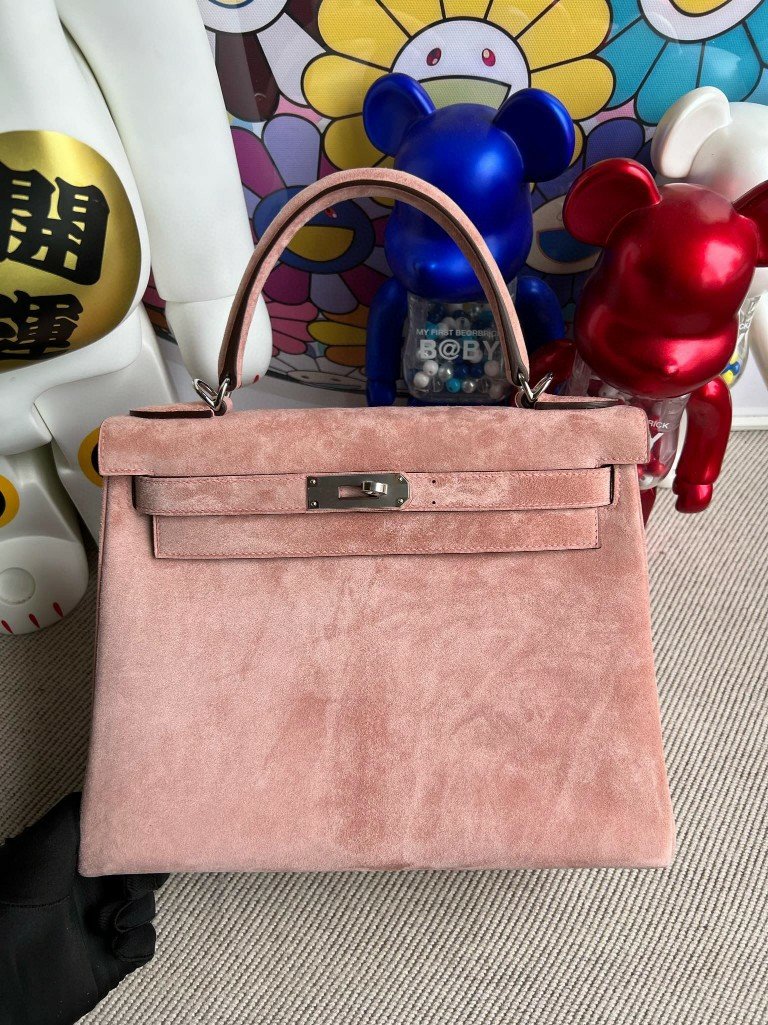 Uncle Bench Hermes Kelly chamois creamy pink Silver Hardware 28cm Full Handmade