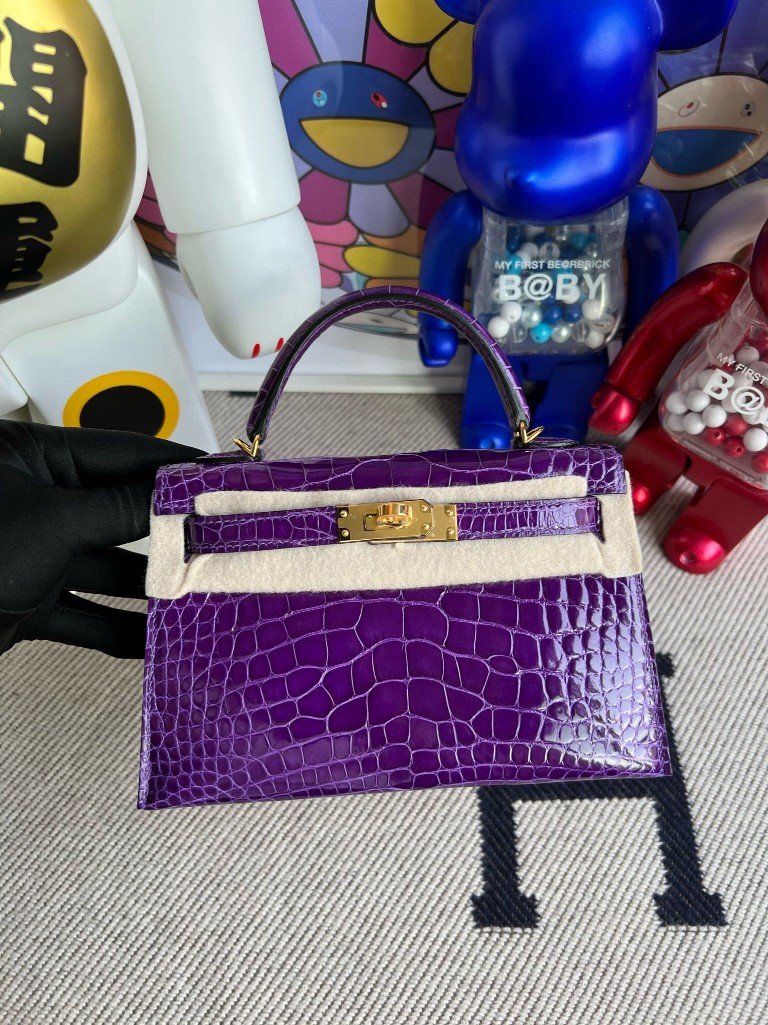 Uncle Bench Hermes Mini kelly ll Alligator shiny L5 Dark purple Gold Hardware 19cm Full Handmade