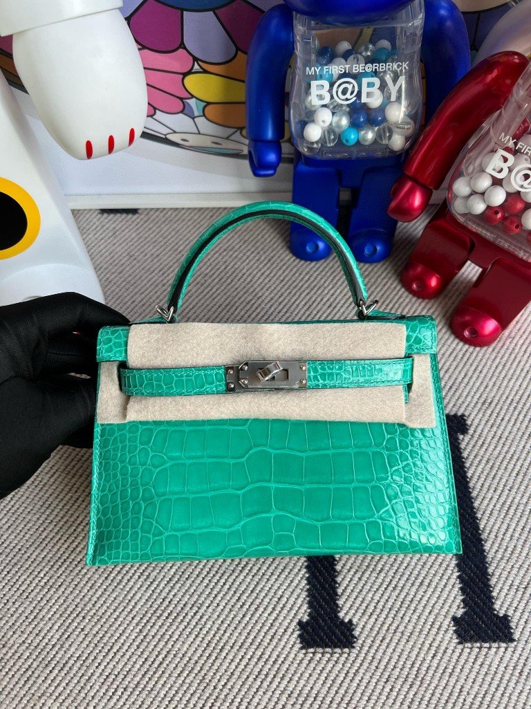 Uncle Bench Hermes Mini kelly ll Alligator shiny Mint green Silver Hardware 19cm Full Handmade