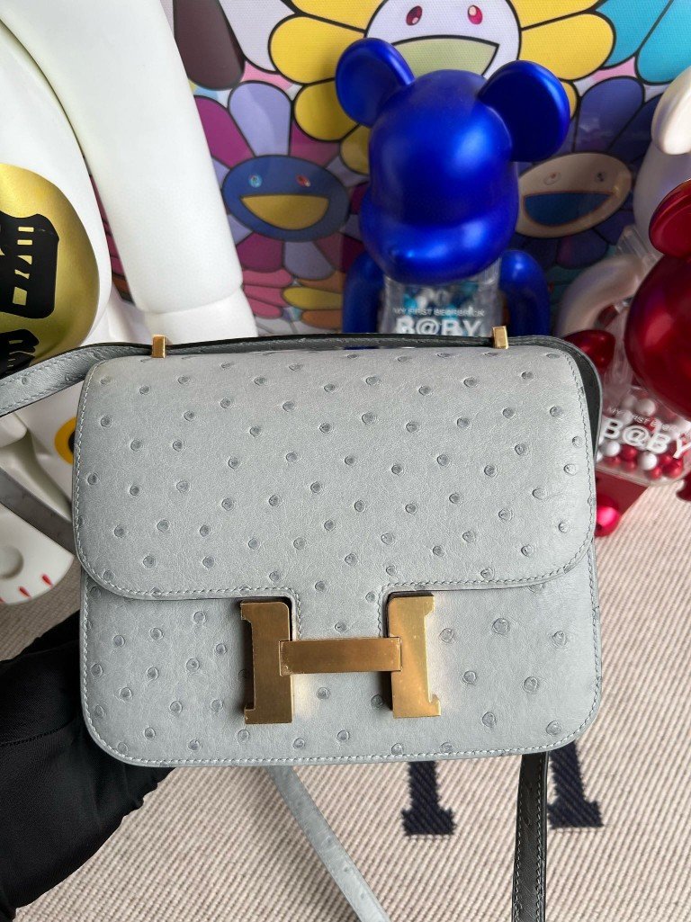 Uncle Bench Hermes Constance Ostrich kk 8U Ice blue Gold Hardware 18cm Full Handmade