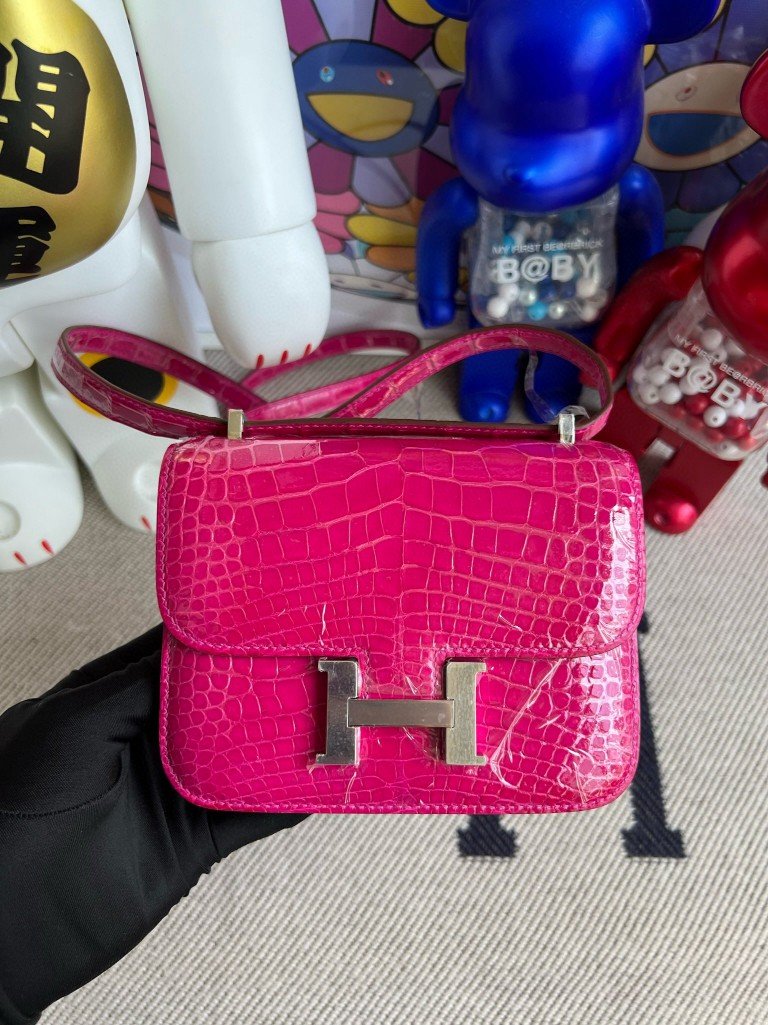 Uncle Bench Hermes Constance Alligator shiny 5J Rose red Silver Hardware 14cm Full Handmade