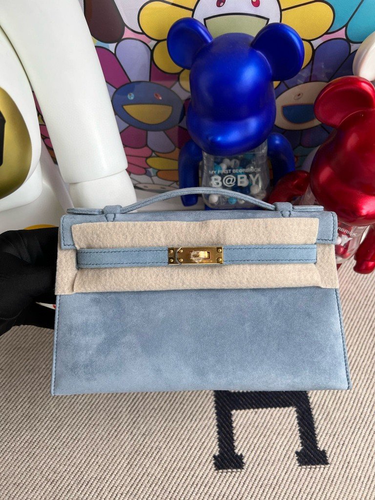 Uncle Bench Hermes Mini pochette chamois Light Blue Gold Hardware 22cm Full Handmade