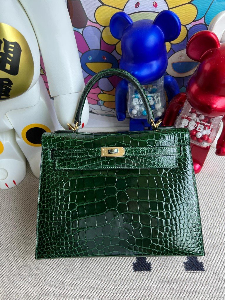 Uncle Bench Hermes Kelly Alligator shiny ck67 Dark green Gold Hardware 25cm Full Handmade