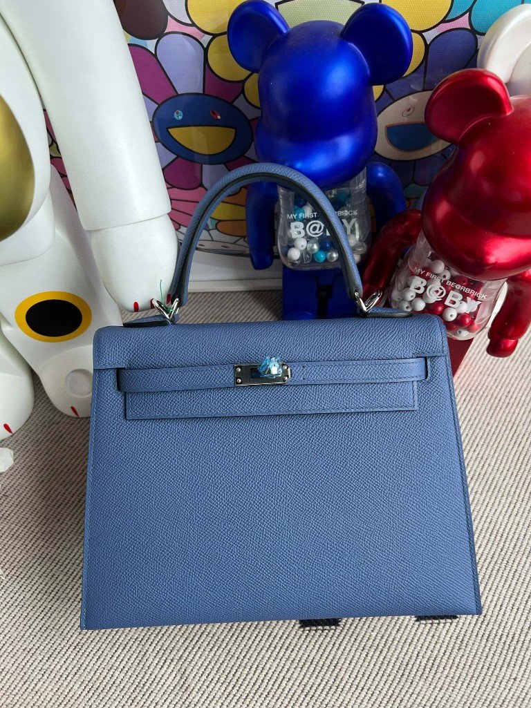 Uncle Bench Hermes Kelly Epsom 7E Bright Blue Silver Hardware 25cm Full Handmade