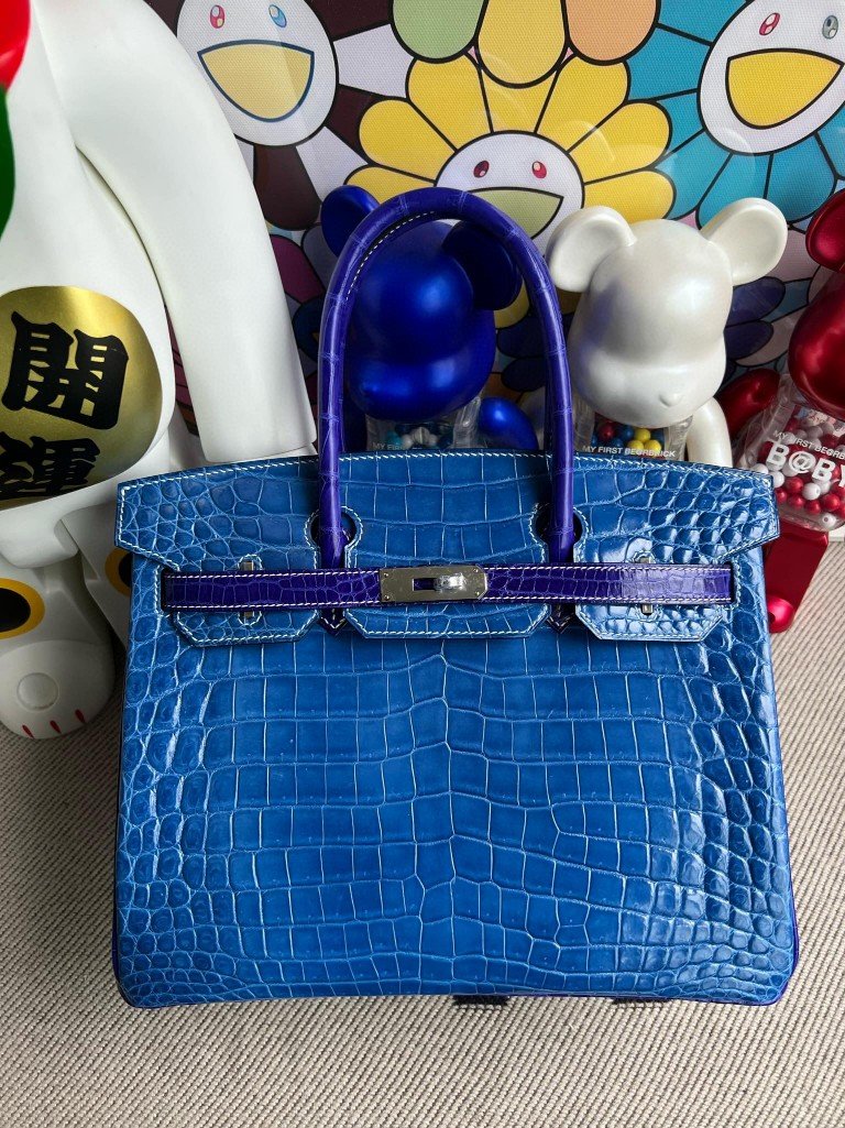 Uncle Bench Hermes Birkin Crocodile shiny 7Q mykonos & 7T Blue Electric Silver Hardware 30cm Full Handmade