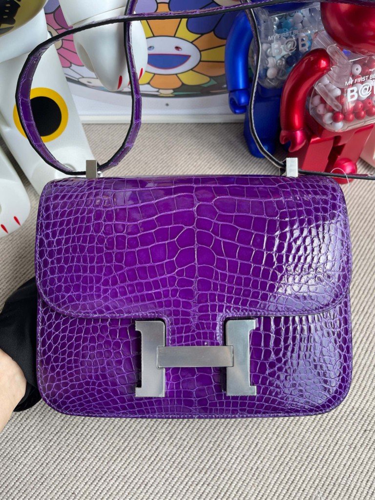 Uncle Bench Hermes Constance Alligator shiny Deep Purple Silver Hardware 24cm Full Handmade