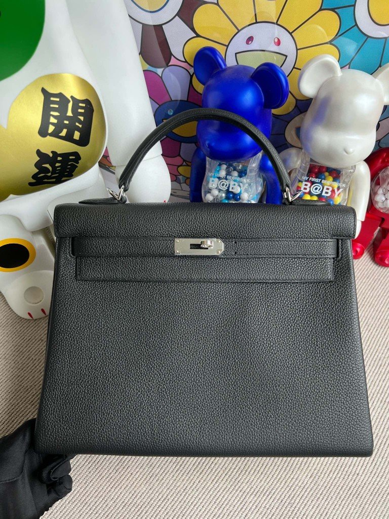 Uncle Bench Hermes Kelly togo Black Silver Hardware 32cm Full Handmade