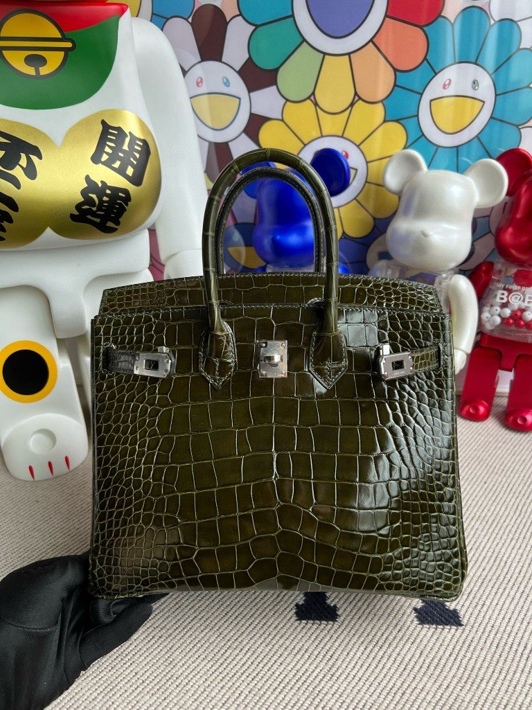 Uncle Bench Hermes Birkin Alligator shiny 6H Olive green Silver Hardware 25cm Full Handmade