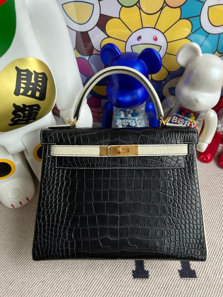 Uncle Bench Hermes Kelly Alligator matt ck89 Noir & 8L beton Gold Hardware 28cm Full Handmade