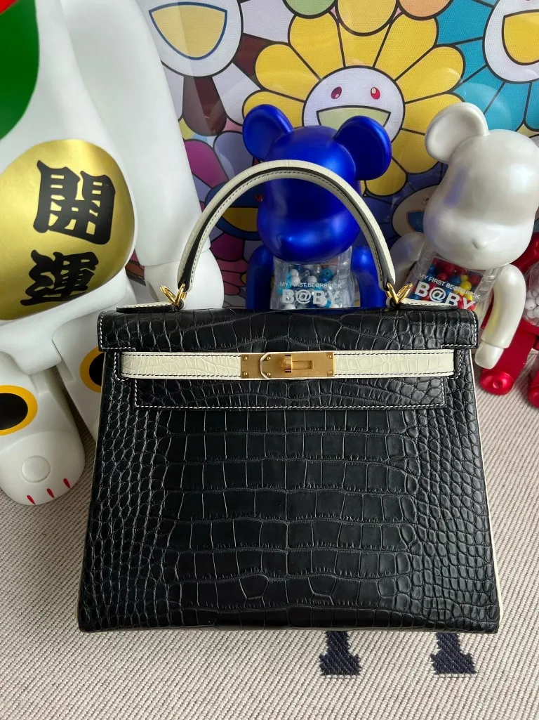 Uncle Bench Hermes Kelly Alligator matt ck89 Noir & 8L beton Gold Hardware 28cm Full Handmade