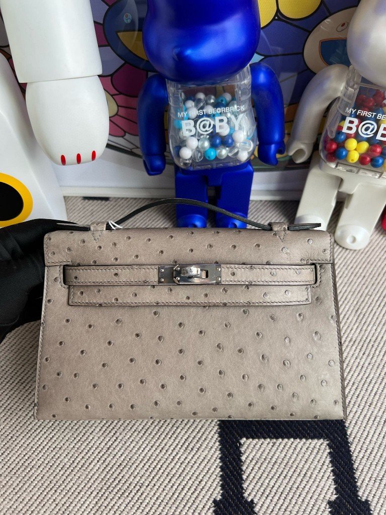 Uncle Bench Hermes Mini pochette Ostrich kk M8 gris ashpite Silver Hardware 22cm Full Handmade