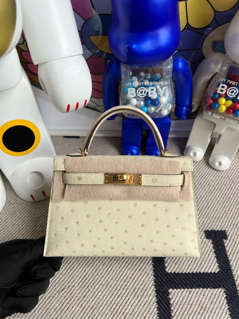 Uncle Bench Hermes Mini kelly ll Ostrich kk 3C White wool Gold Hardware 19cm Full Handmade
