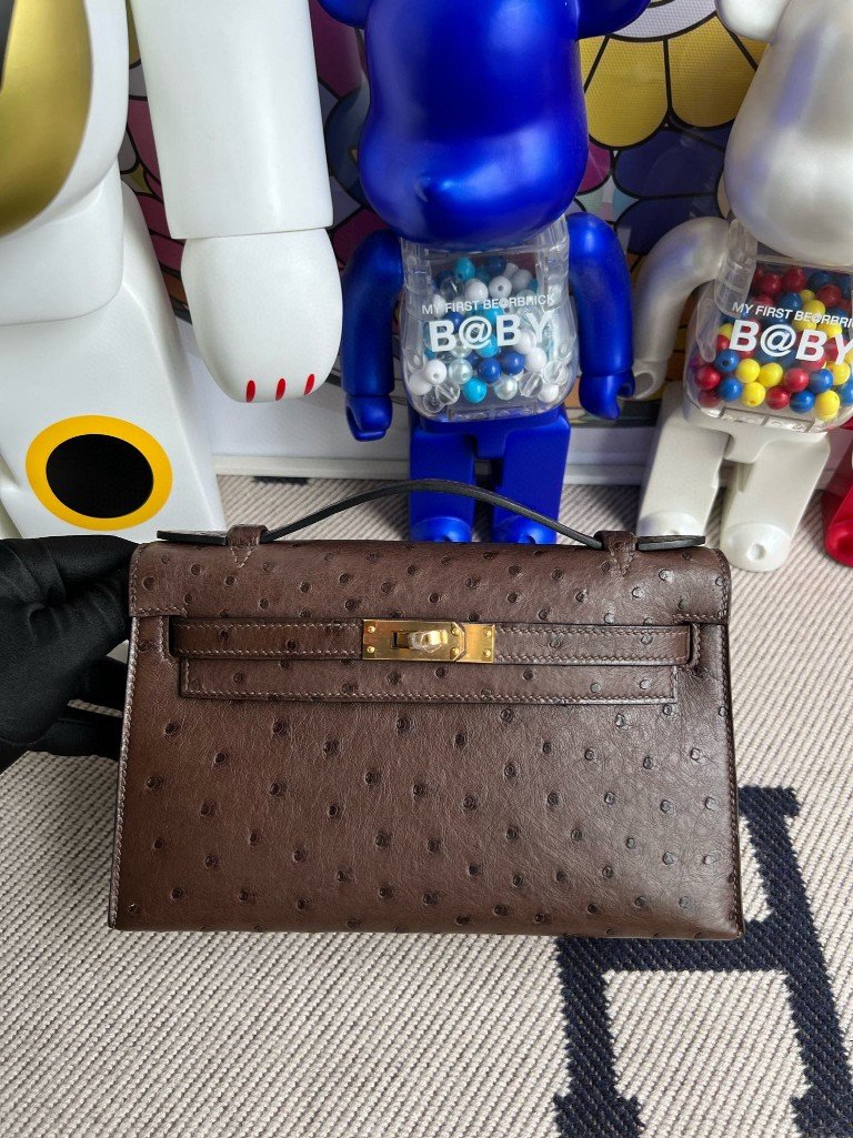 Uncle Bench Hermes Mini pochette Ostrich kk Coffee Gold Hardware 22cm Full Handmade