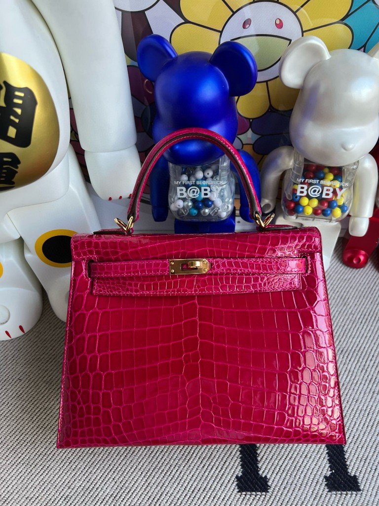 Uncle Bench Hermes Kelly Crocodile shiny J5 deep rose red Gold Hardware 25cm Full Handmade