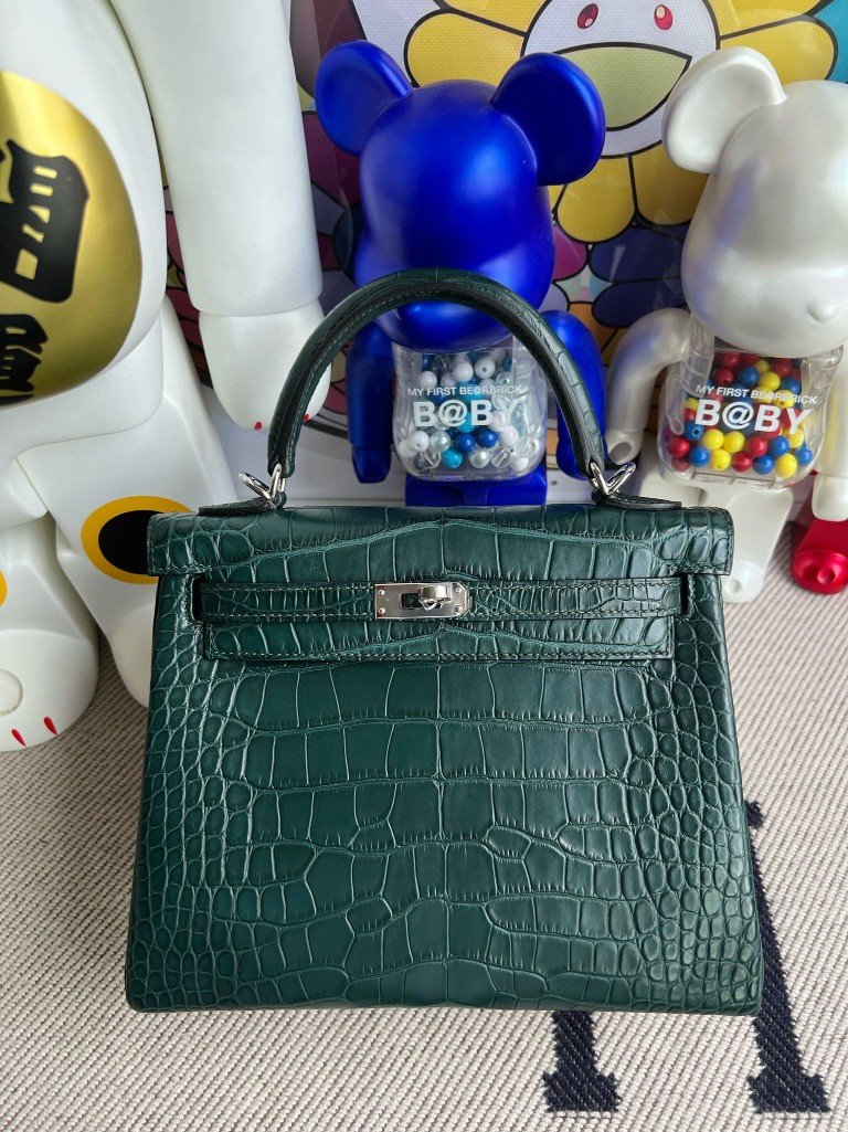 Uncle Bench Hermes Kelly Alligator matt 6O Cypress green Silver Hardware 25cm Full Handmade