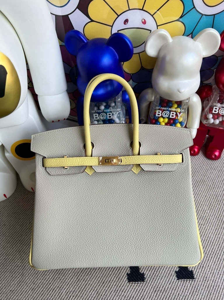 Uncle Bench Hermes Birkin togo ck80 Pearl grey & 1Z Light Yellow Matte Gold Hardware 25m Full Handmade