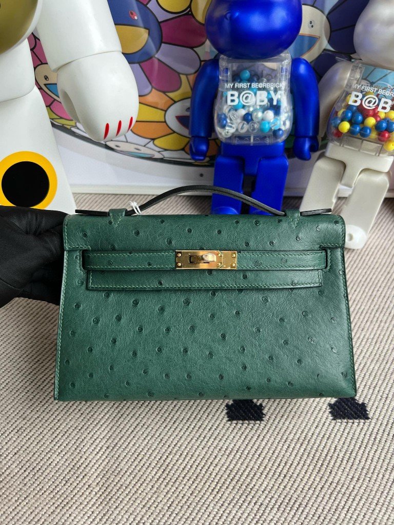Uncle Bench Hermes Mini kelly pochette Ostrich Z6 Malachite Green Gold Hardware 22m Full Handmade