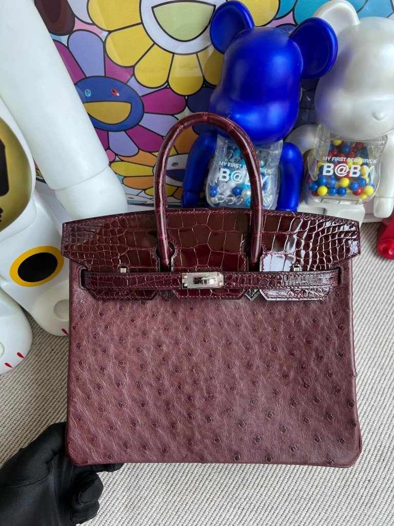Uncle Bench Hermes Birkin Touch Ostrich & Alligator shiny Bordeaux red Silver Hardware 25m Full Handmade