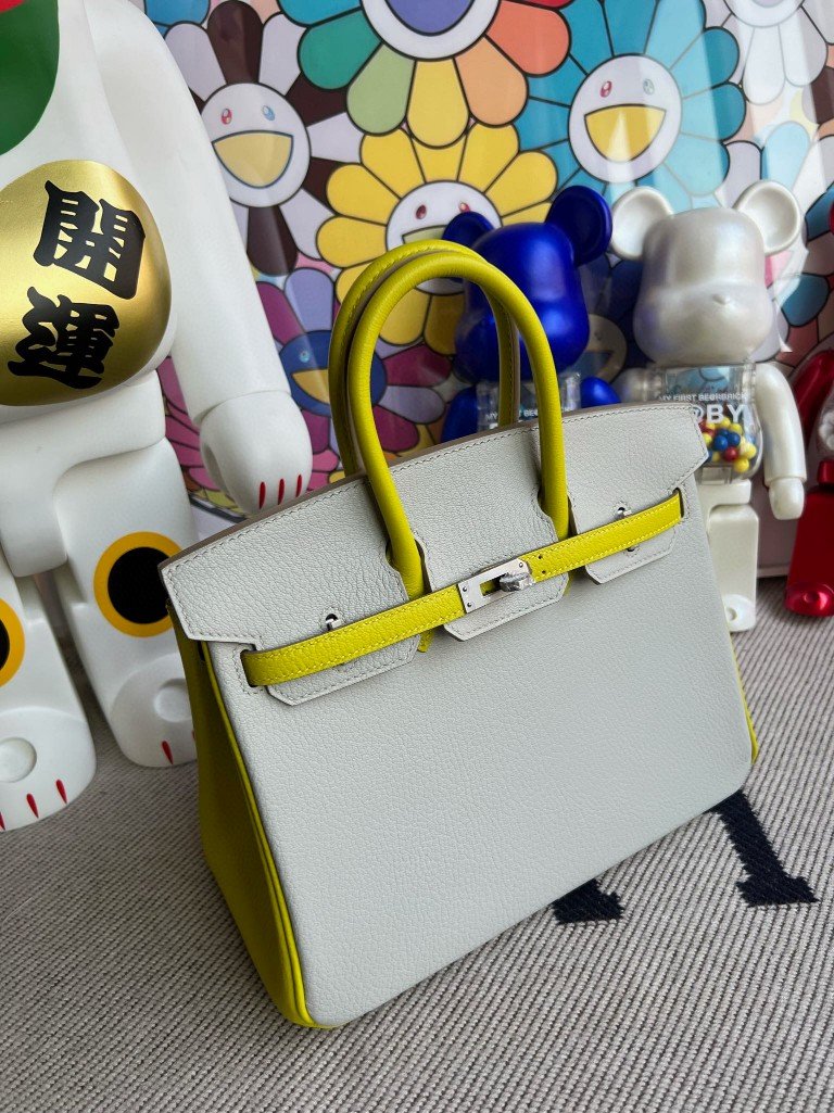 Uncle Bench Hermes Birkin Chevre Pearl grey & Lemon yellow Silver Hardware 25m Full Handmade