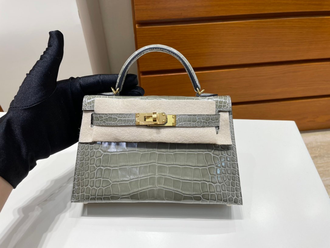 Uncle Bench Hermes Mini kelly Alligator shiny ck81 Gris T Gold Hardware PHW 19cm Full Handmade