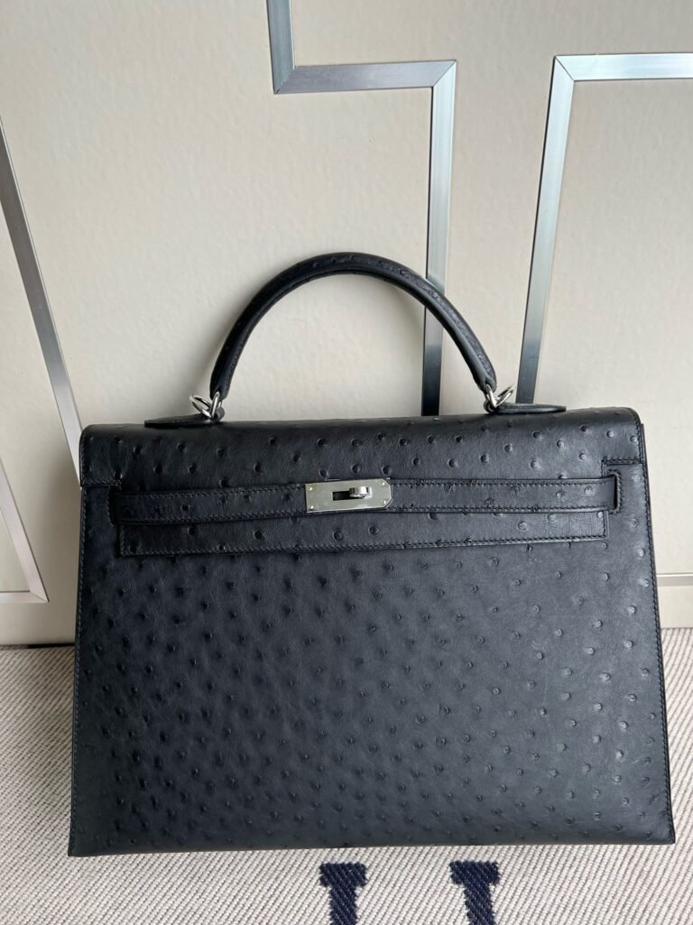 Uncle Bench Hermes Kelly Ostrich kk ck89 Noir Silver Hardware PHW 35cm Full Handmade