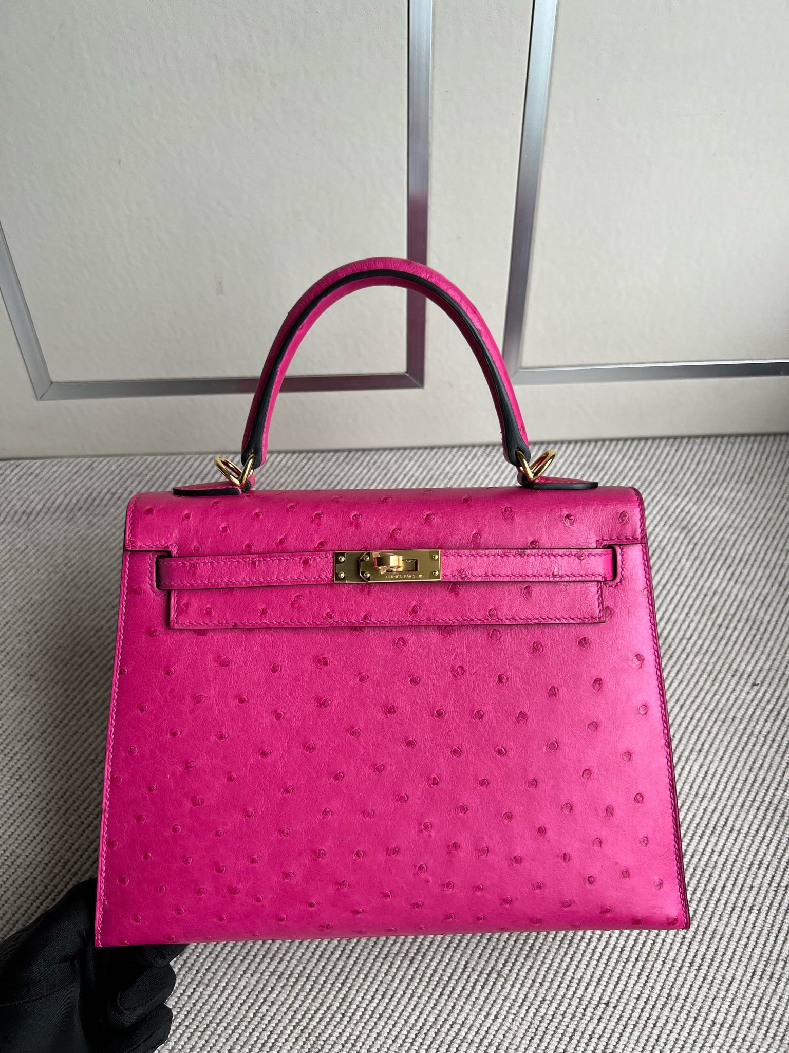 Uncle Bench Hermes Kelly Ostrich kk Rose Red Gold Hardware GHW 25cm Full Handmade