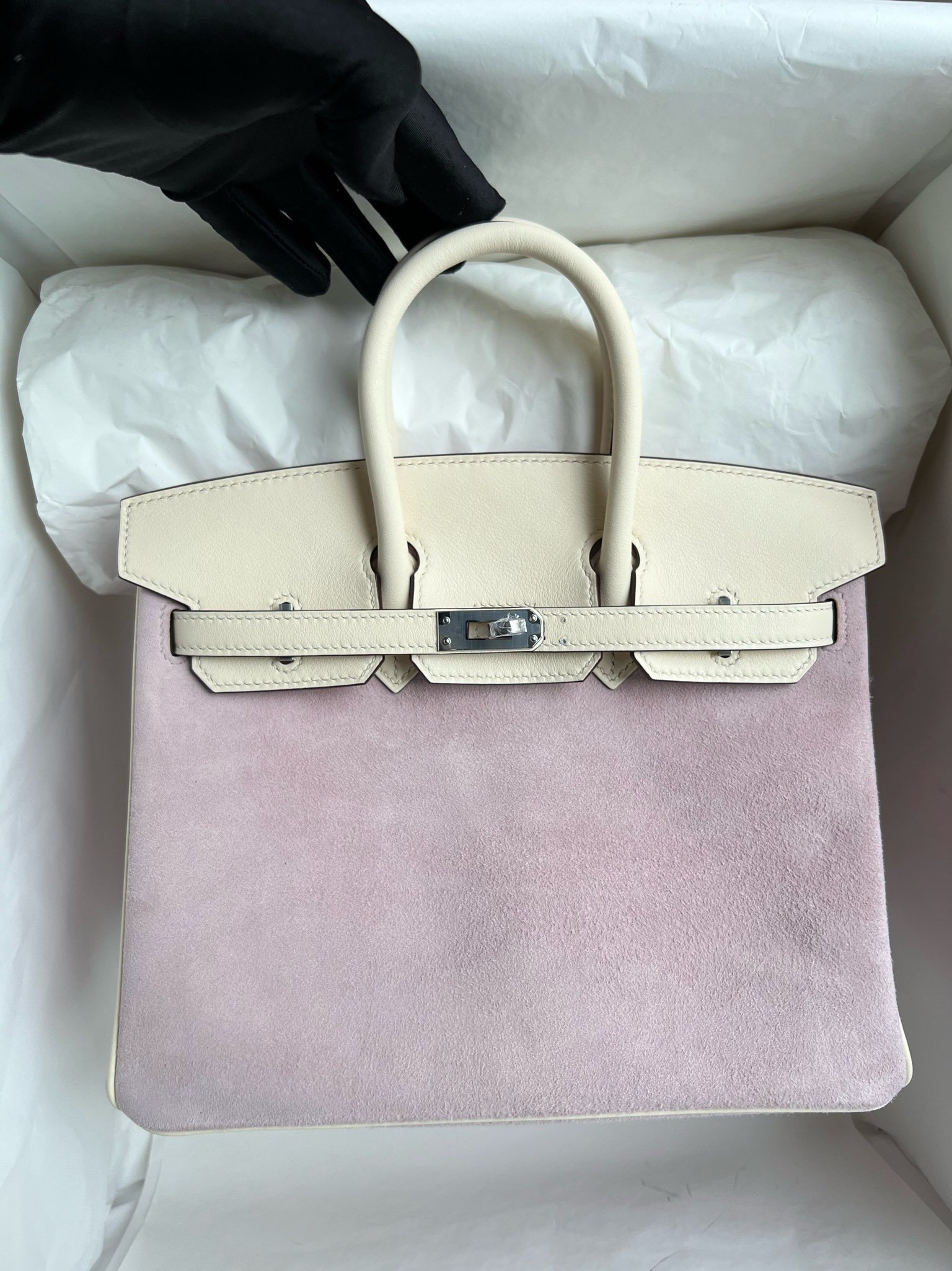 Uncle Bench Hermes Birkin Grizzly chamois Taro purple & Creamy white Silver Hardware PHW 25cm Full Handmade