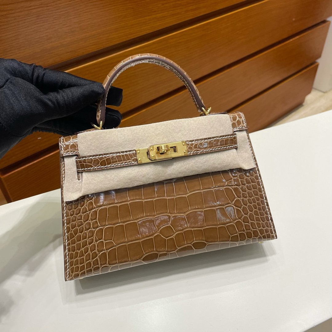 Uncle Bench Hermes Mini kelly ll Alligator shiny Tobacco Grey Gold Hardware GHW 19cm Full Handmade