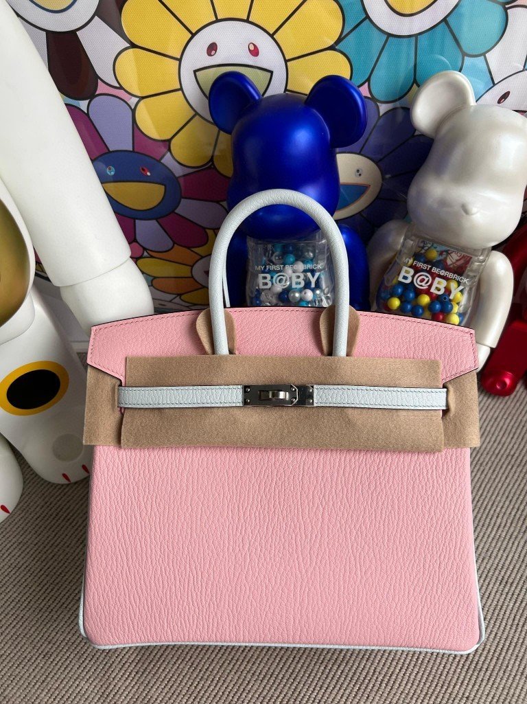 Uncle Bench Hermes Birkin Chevre 3Q Pink & Light Blue Silver Hardware PHW 25cm Full Handmade