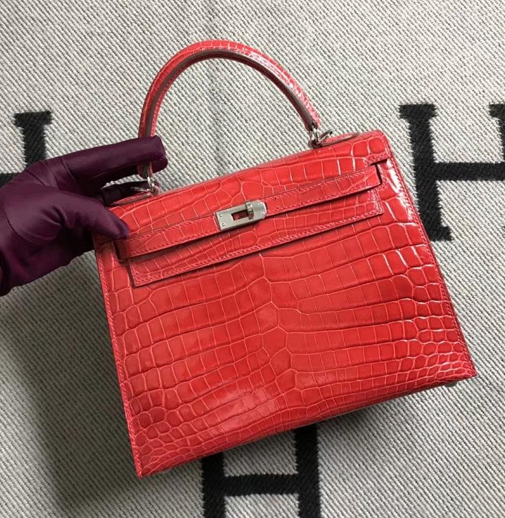 Uncle Bench Hermes Kelly Alligator Shiny Ferrari red Silver Hardware 25cm Full Handmade