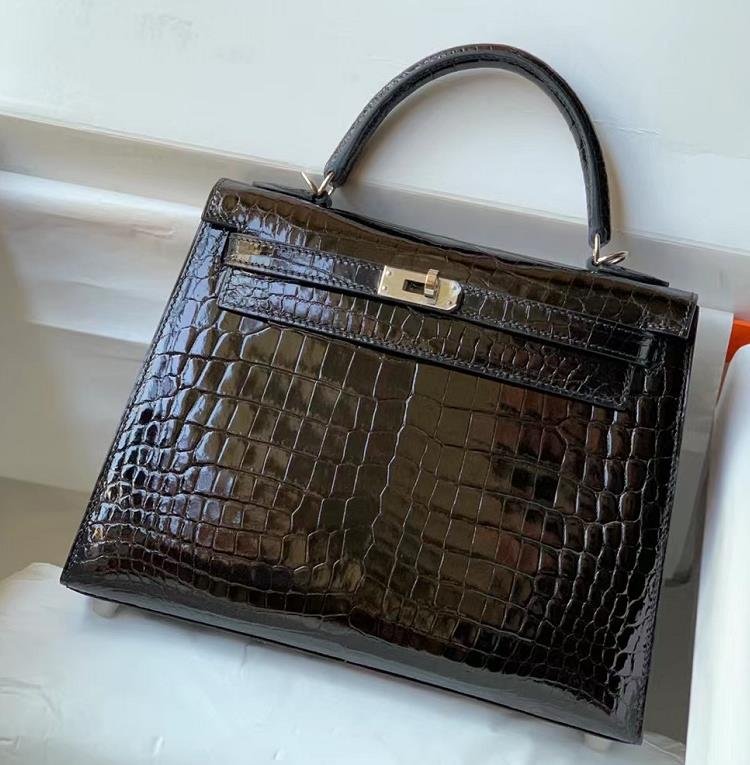 Uncle Bench Hermes Kelly Alligator Shiny Black Silver Hardware 25cm Full Handmade