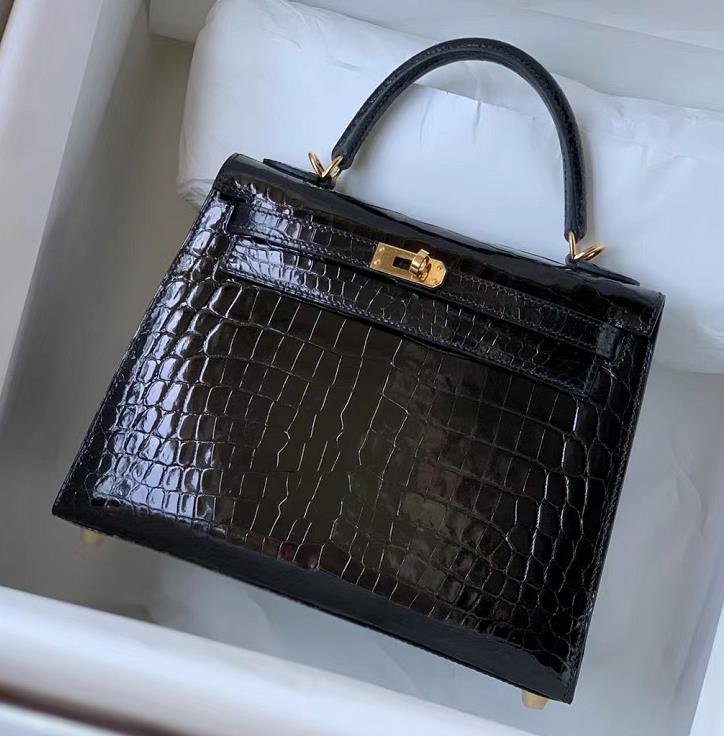 Uncle Bench Hermes Kelly Alligator Shiny Black Gold Hardware 25cm Full Handmade