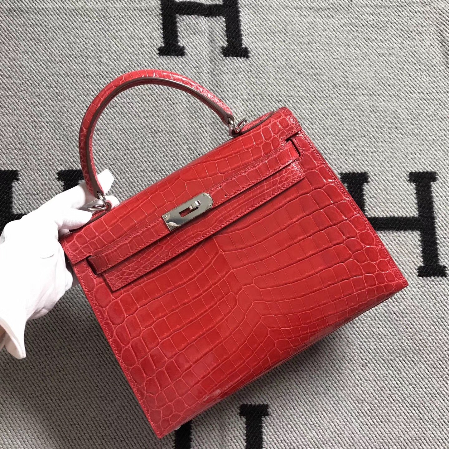 Uncle Bench Hermes Kelly Alligator Shiny Watermelon red Silver Hardware 28cm Full Handmade