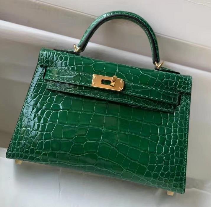 Uncle Bench Hermes Mini Kelly Alligator Shiny cactus green Gold Hardware 19cm Full Handmade
