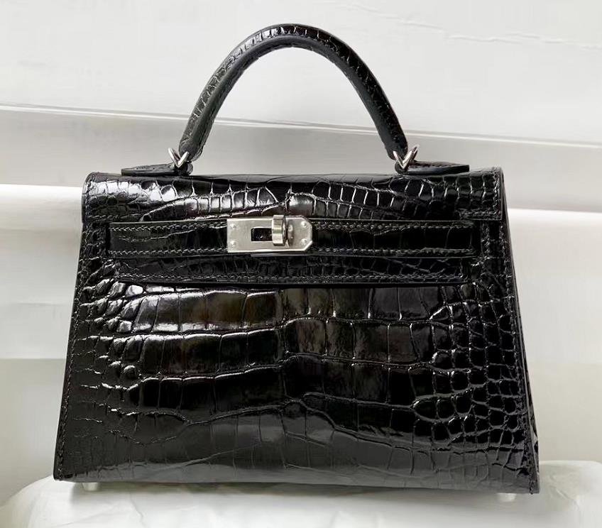 Uncle Bench Hermes Mini Kelly Alligator Shiny Black Silver Hardware 19cm Full Handmade
