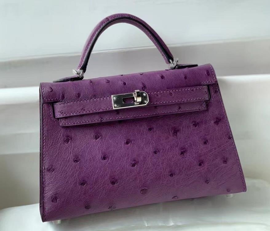 Uncle Bench Hermes Mini Kelly Ostrich Mini Kelly Ostrich Purple Silver Hardware 19cm Full Handmade