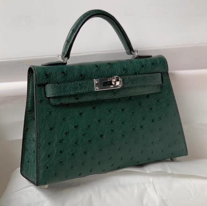 Uncle Bench Hermes Mini Kelly Ostrich Dark green Silver Hardware 19cm Full Handmade