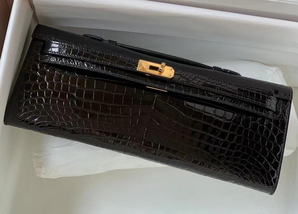 Uncle Bench Hermes Kelly CUT shiny crocodile Black Gold Hardware 31cm Hand bag Full Handmade