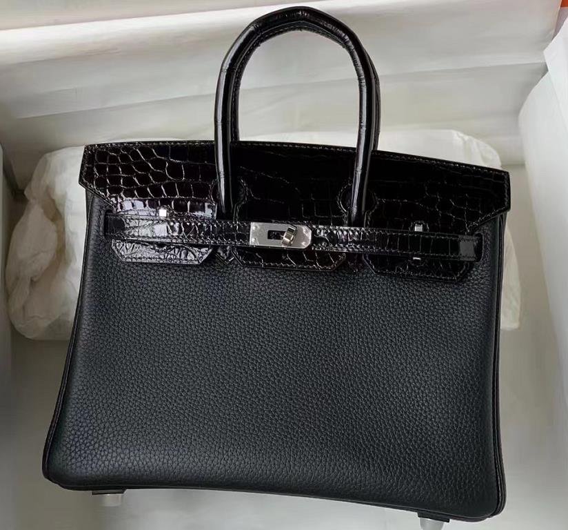 Uncle Bench Hermes Birkin Touch Togo & shiny crocodile Black Silver Hardware 25cm Full Handmade