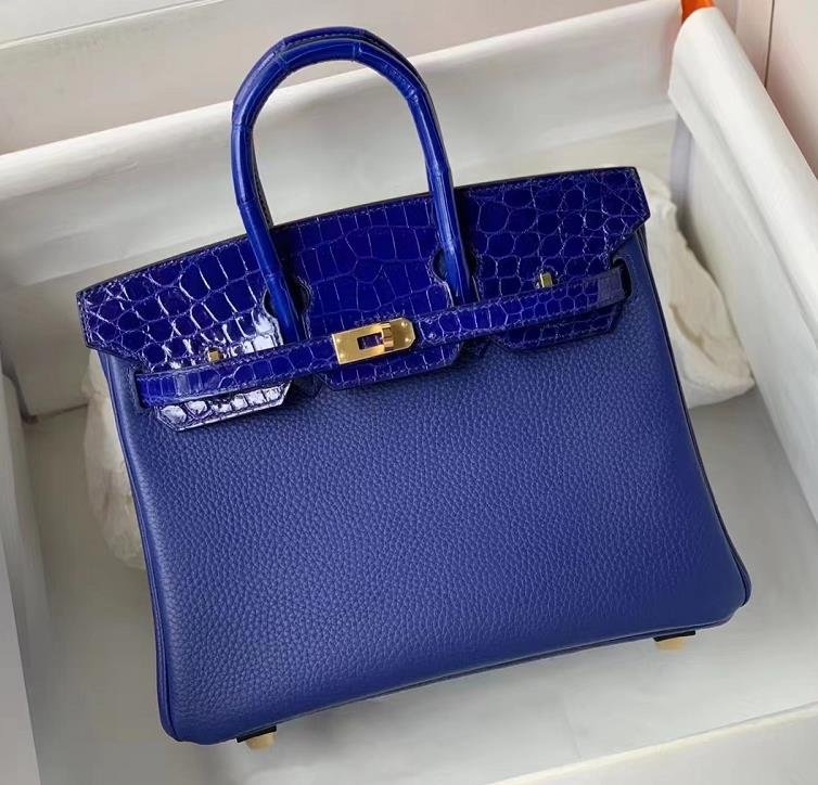 Uncle Bench Hermes Birkin Touch Togo & shiny crocodile Blue Gold Hardware 25cm Full Handmade